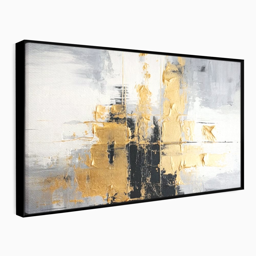 Tablou canvas cu pictura abstracta cu auriu si negru, in rama de aluminiu negru